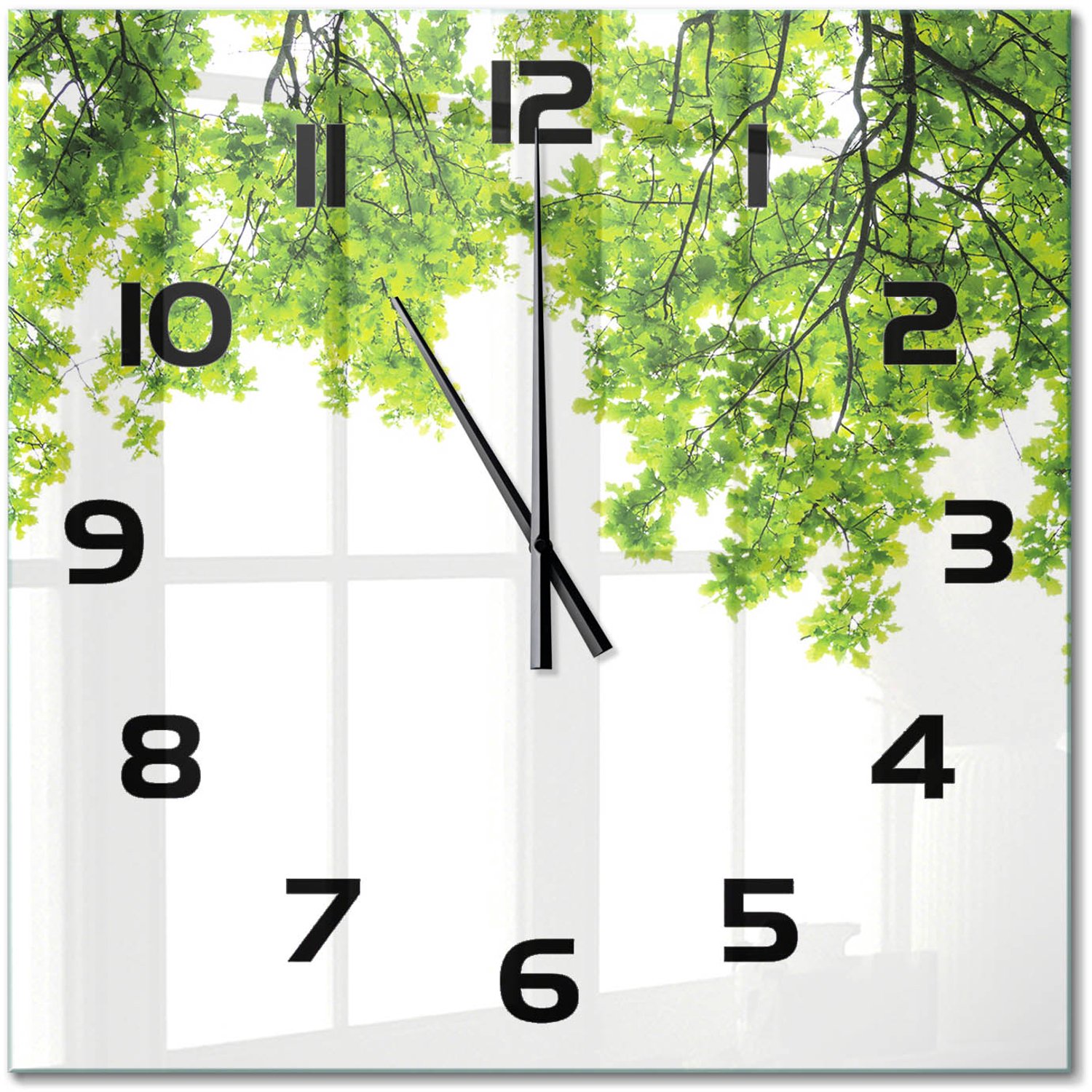 TULUP Wandklok - Eikenbladeren Moderne Wandklok Glas - 60x60 cm - Groente Wandklok Glas Decoratie - Zwarte handen - Vierkante Klok - Glazen Wandklok Design - Klok Glas Met Opdruk