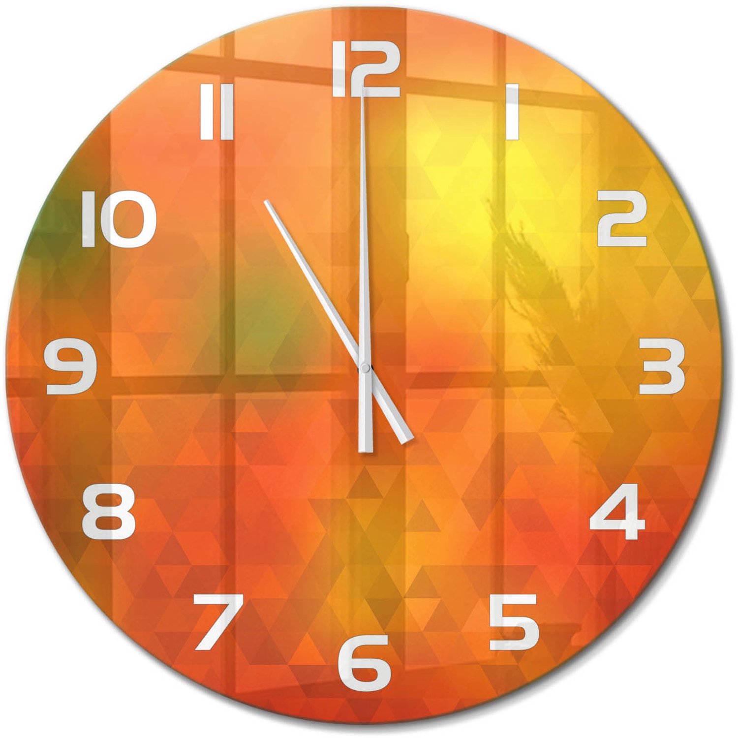 TULUP Wandklok - Driehoeken van abstractie Wandklok Glas Decoratie - fi60 cm - Oranje Gekleurde Glazen Klok - Witte handen - Ronde Klok - Klok Glas Met Opdruk - Moderne Wandklok Glas