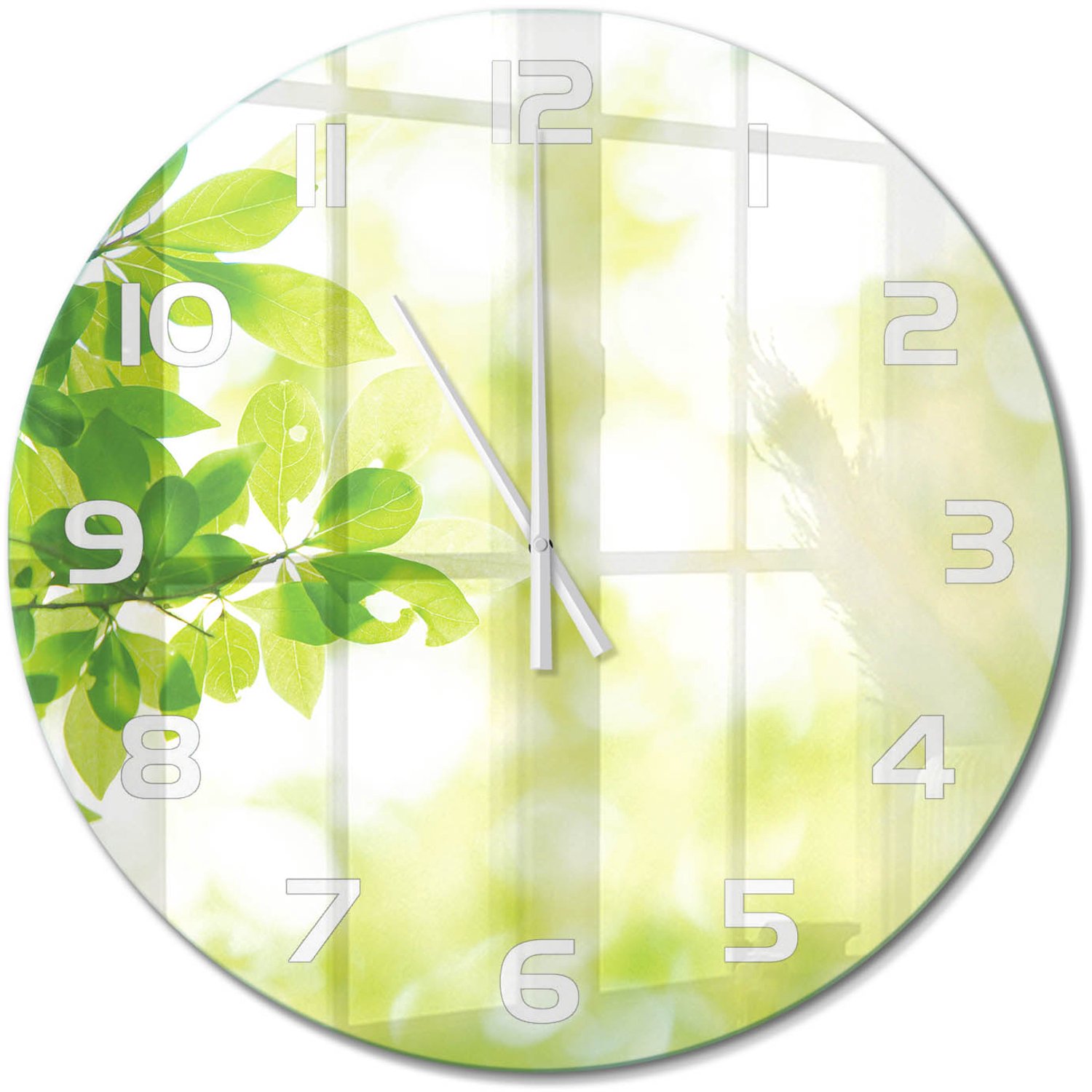 TULUP Wandklok - Bladeren Wandklok Glas Decoratie - fi60 cm - Groente Gekleurde Glazen Klok - Witte handen - Ronde Klok - Klok Glas Met Opdruk - Moderne Wandklok Glas
