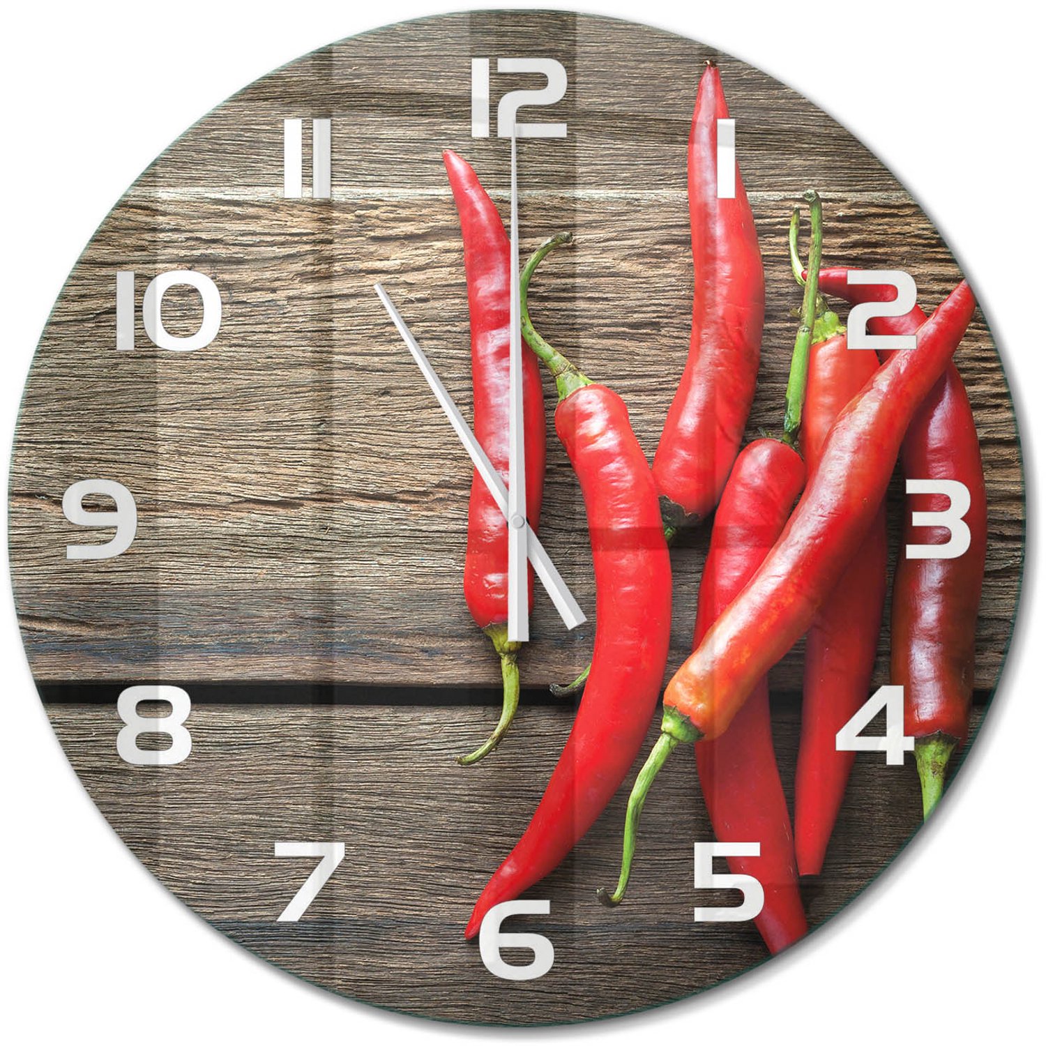 TULUP Wandklok - Chilipepers Klok Glas Met Opdruk - fi60 cm - Rood Moderne Wandklok Glas - Witte handen - Ronde Klok - Decoratieve Glazen Klok - Glazen Wandklok Design