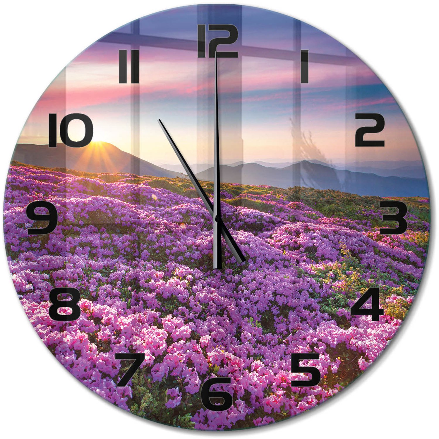 TULUP Wandklok - Bloemen in de bergen Gekleurde Glazen Klok - fi60 cm - Paars Glazen Klok Met Print - Zwarte handen - Ronde Klok - Moderne Wandklok Glas - Wandklok Glas Decoratie