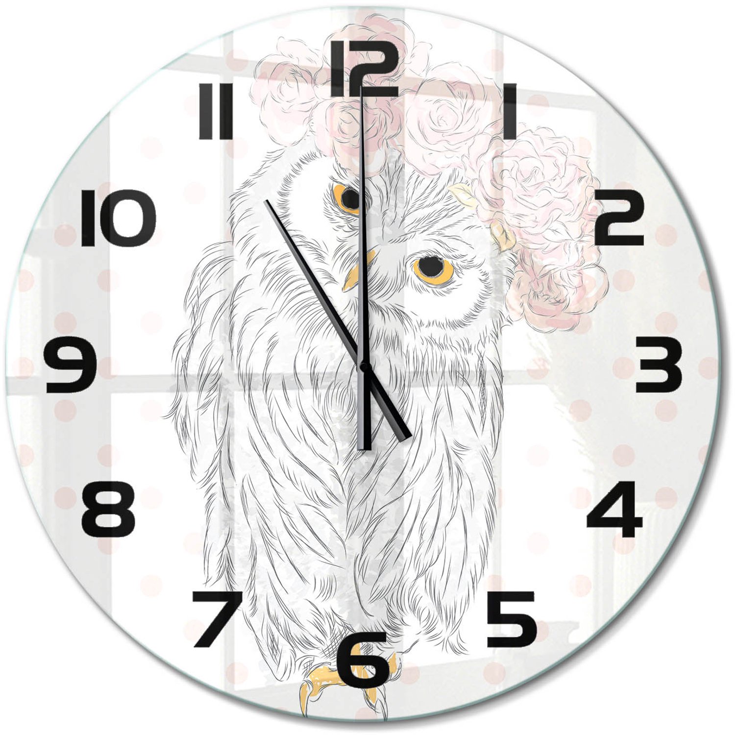 TULUP Wandklok - Uil in een krans Decoratieve Glazen Klok - fi60 cm - Roze Glazen Wandklok Design - Zwarte handen - Ronde Klok - Glazen Klok Met Print - Wandklok Glas Met Motief