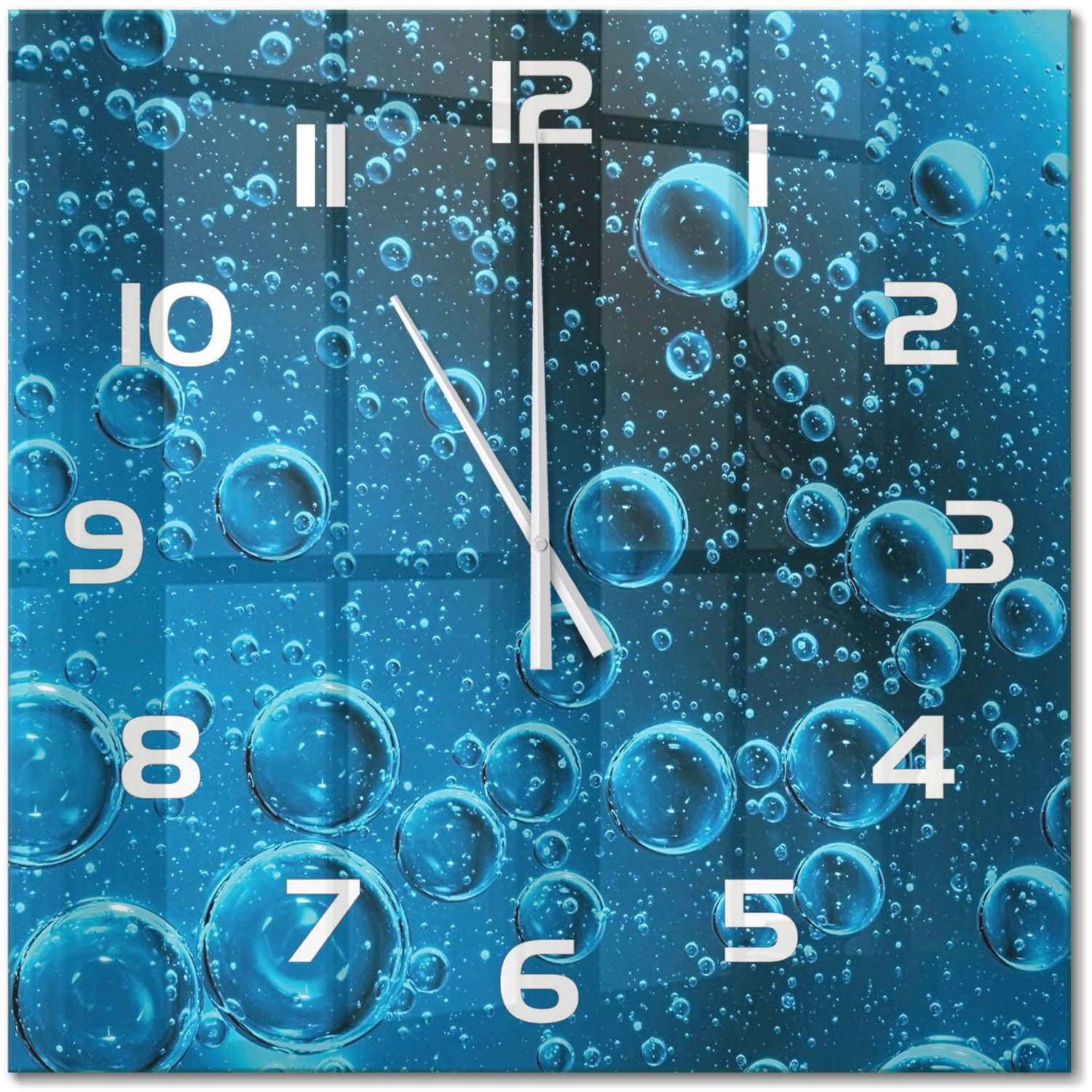 TULUP Wandklok - Onderwaterbellen Gekleurde Glazen Klok - 60x60 cm - Blauw Glazen Klok Met Print - Witte handen - Vierkante Klok - Moderne Wandklok Glas - Wandklok Glas Decoratie