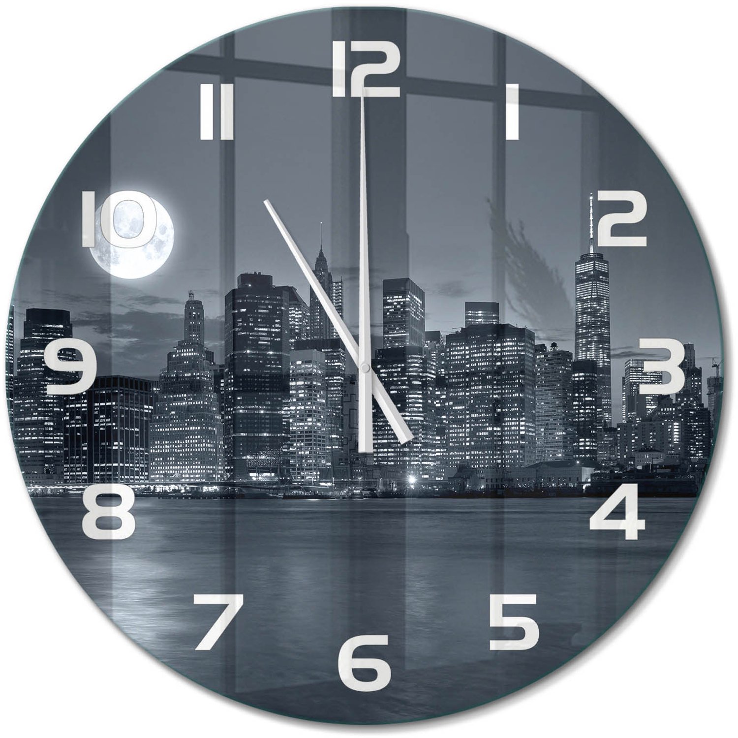 TULUP Wandklok - New York 's nachts Glazen Klok Met Print - fi60 cm - Zwart-wit Wandklok Glas Met Motief - Witte handen - Ronde Klok - Wandklok Glas Decoratie - Gekleurde Glazen Klok