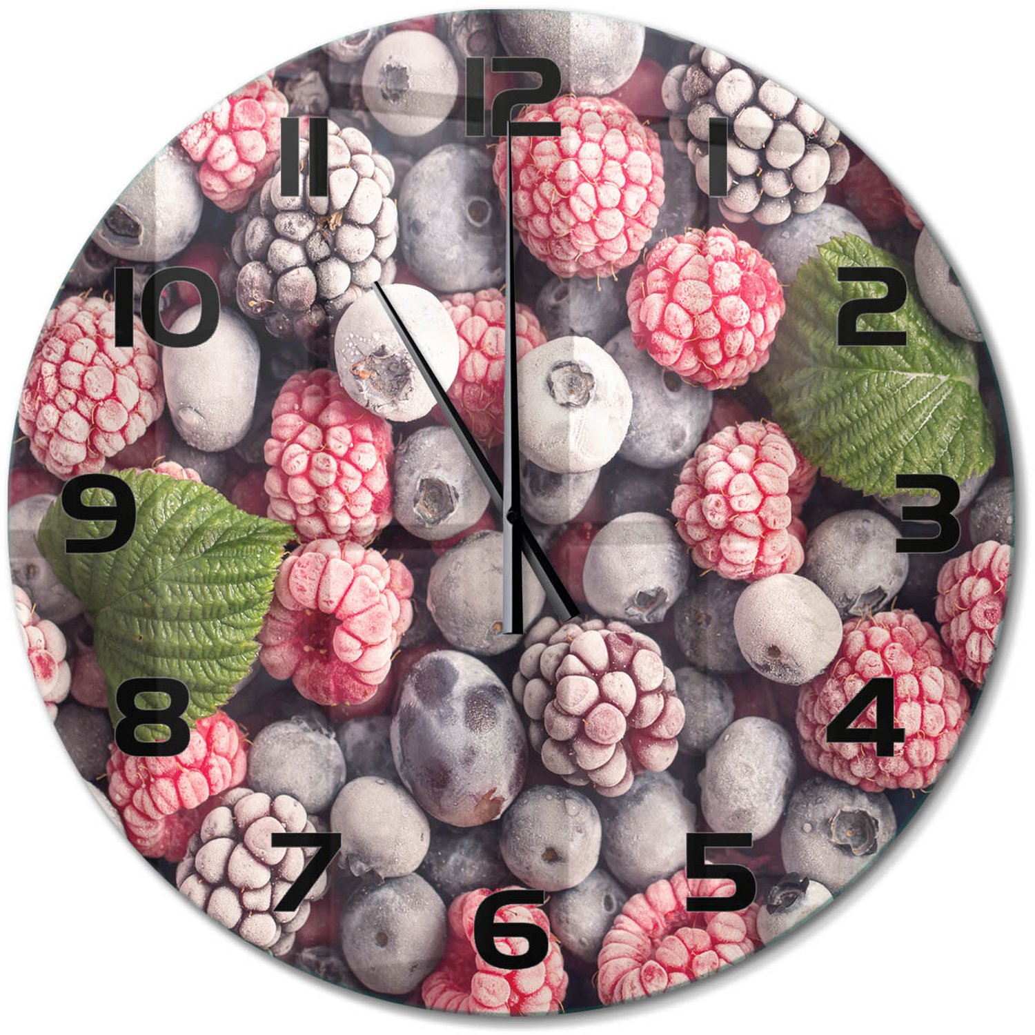 TULUP Wandklok - Bevroren bosvruchten Klok Glas Met Opdruk - fi60 cm - Blauw Moderne Wandklok Glas - Zwarte handen - Ronde Klok - Decoratieve Glazen Klok - Glazen Wandklok Design