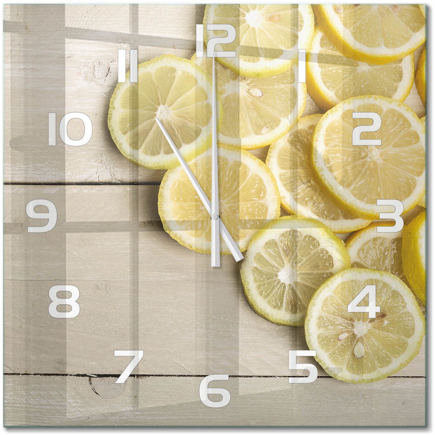 TULUP Wandklok - Citroenhout Decoratieve Glazen Klok - 60x60 cm - Geel Glazen Wandklok Design - Witte handen - Vierkante Klok - Glazen Klok Met Print - Wandklok Glas Met Motief