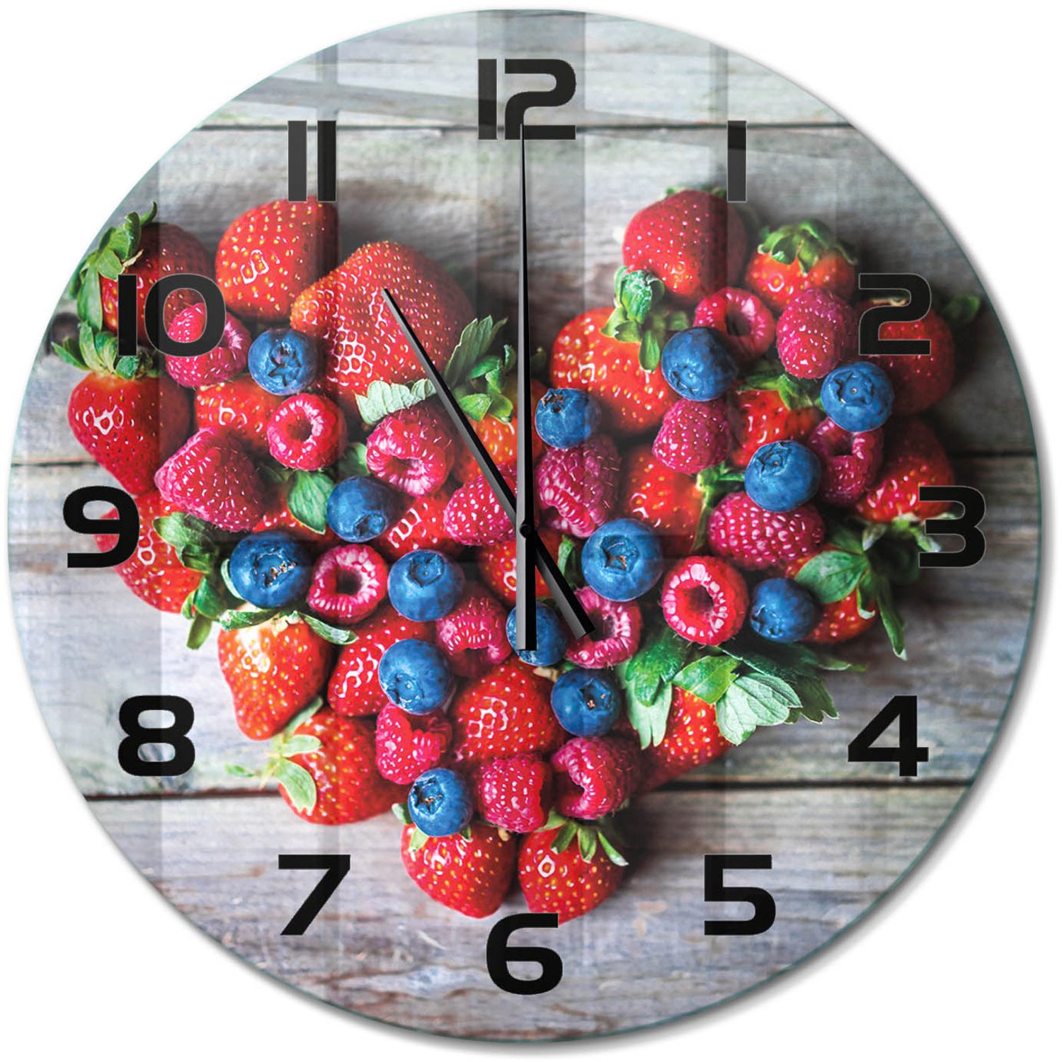 TULUP Wandklok - Hart van Fruit Moderne Wandklok Glas - fi60 cm - Rood Wandklok Glas Decoratie - Zwarte handen - Ronde Klok - Glazen Wandklok Design - Klok Glas Met Opdruk