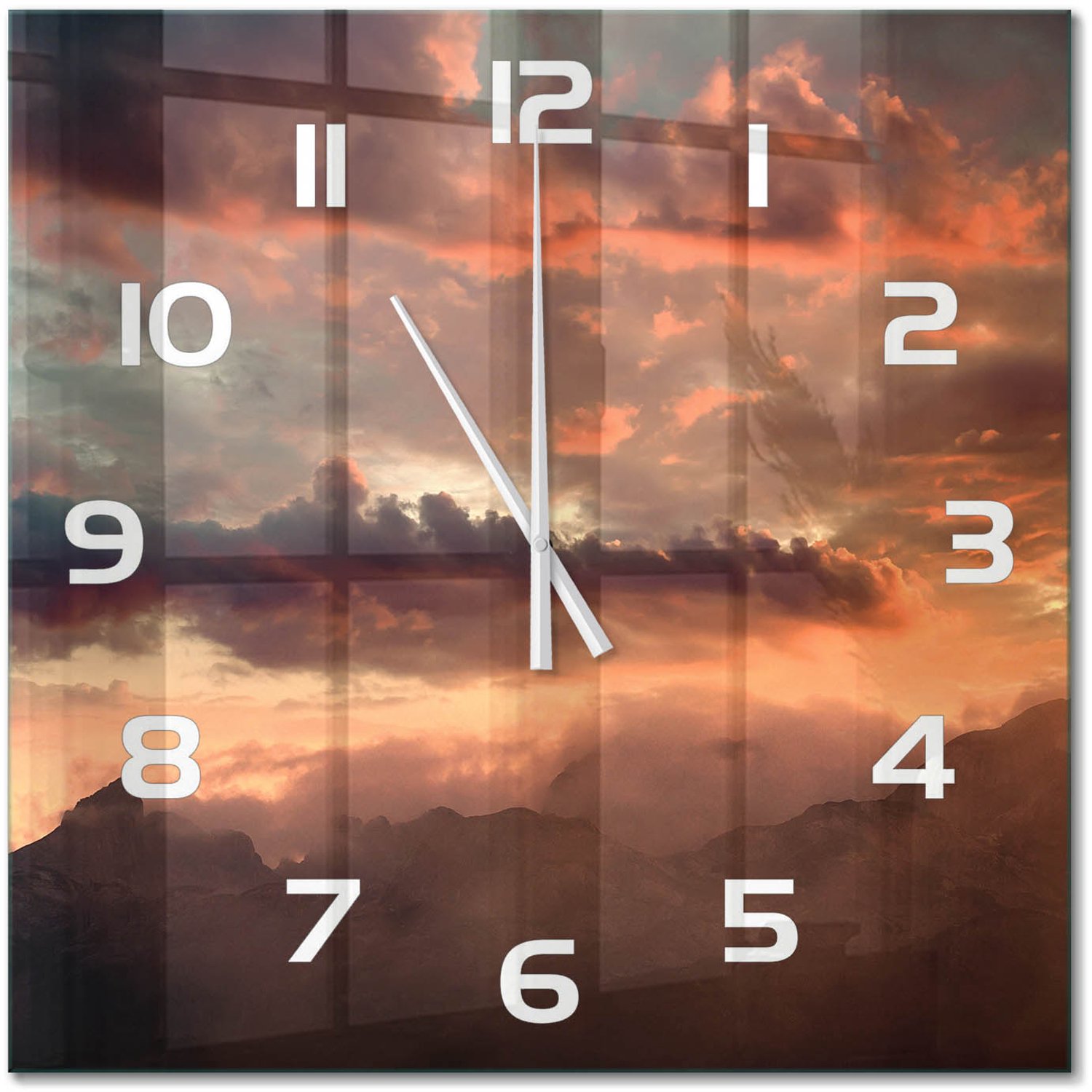TULUP Wandklok - Bergen bij zonsondergang Decoratieve Glazen Klok - 60x60 cm - Oranje Glazen Wandklok Design - Witte handen - Vierkante Klok - Glazen Klok Met Print - Wandklok Glas Met Motief
