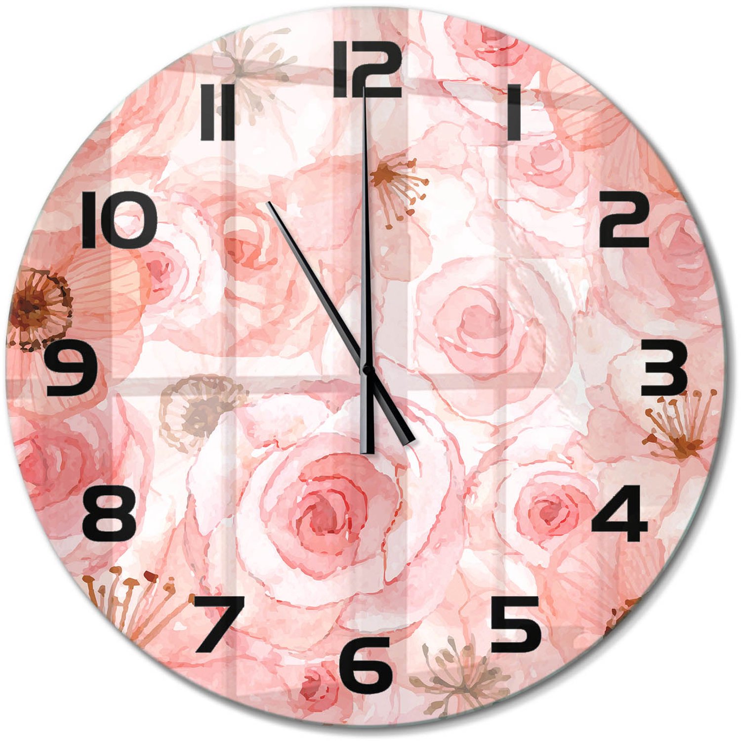TULUP Wandklok - Bloemenpatroon Wandklok Glas Decoratie - fi60 cm - Roze Gekleurde Glazen Klok - Zwarte handen - Ronde Klok - Klok Glas Met Opdruk - Moderne Wandklok Glas