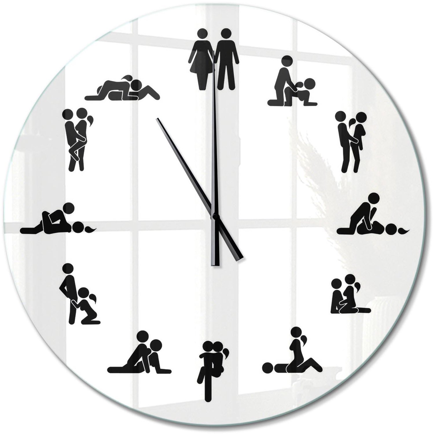 TULUP Wandklok - Kama Sutra Gekleurde Glazen Klok - fi60 cm - Wit Glazen Klok Met Print - Zwarte handen - Ronde Klok - Moderne Wandklok Glas - Wandklok Glas Decoratie
