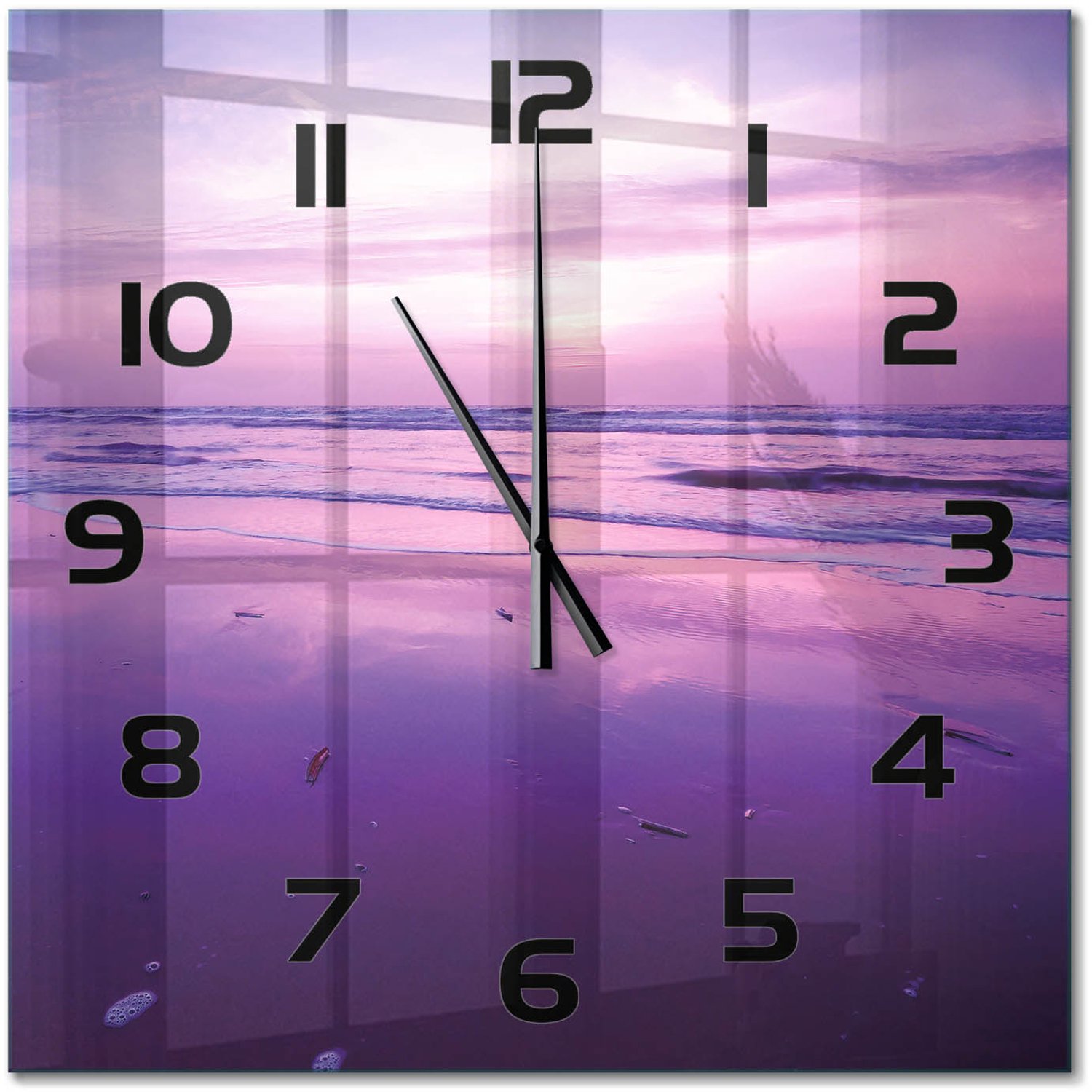 TULUP Wandklok - Zonsondergang Zee Wandklok Glas Decoratie - 60x60 cm - Paars Gekleurde Glazen Klok - Zwarte handen - Vierkante Klok - Klok Glas Met Opdruk - Moderne Wandklok Glas