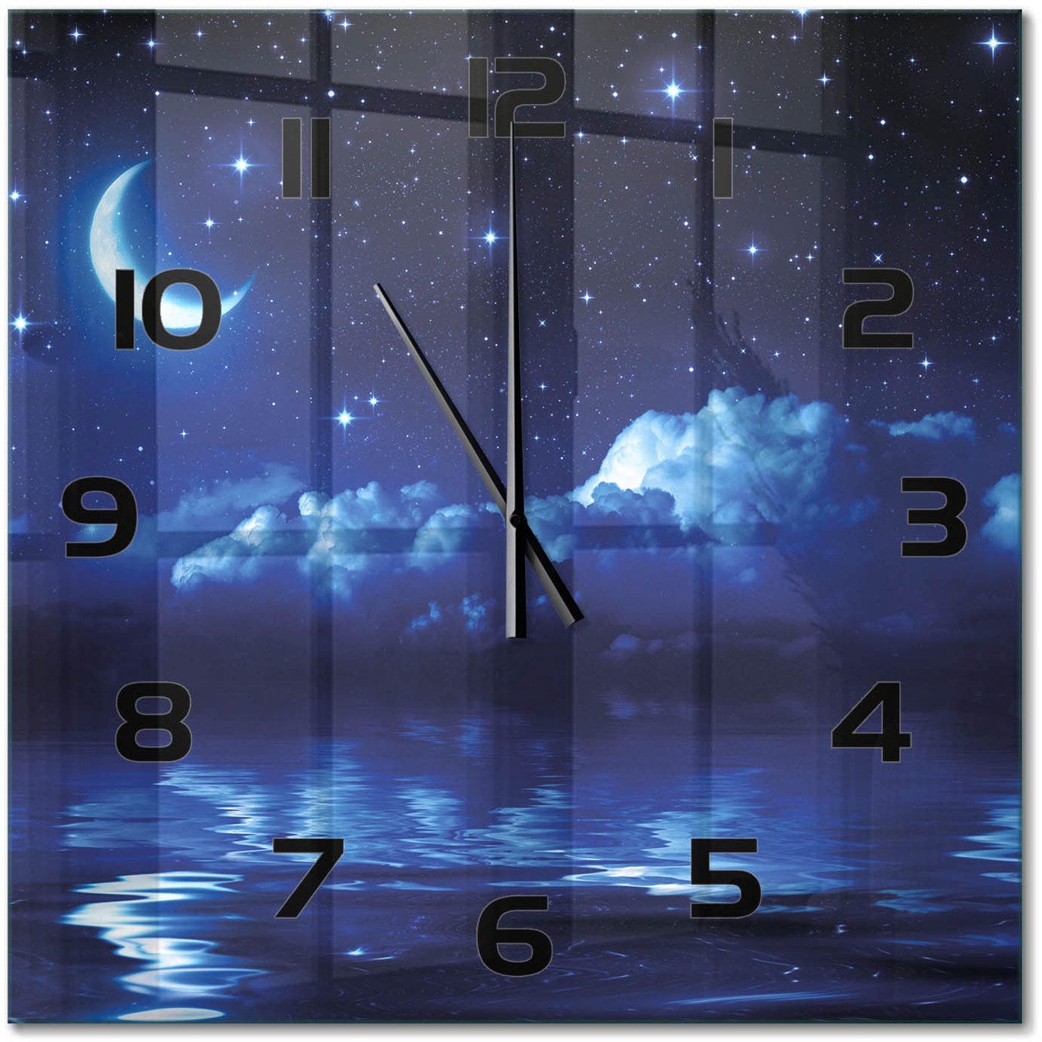 TULUP Wandklok - De nachtelijke hemel Wandklok Glas Decoratie - 60x60 cm - Blauw Gekleurde Glazen Klok - Zwarte handen - Vierkante Klok - Klok Glas Met Opdruk - Moderne Wandklok Glas