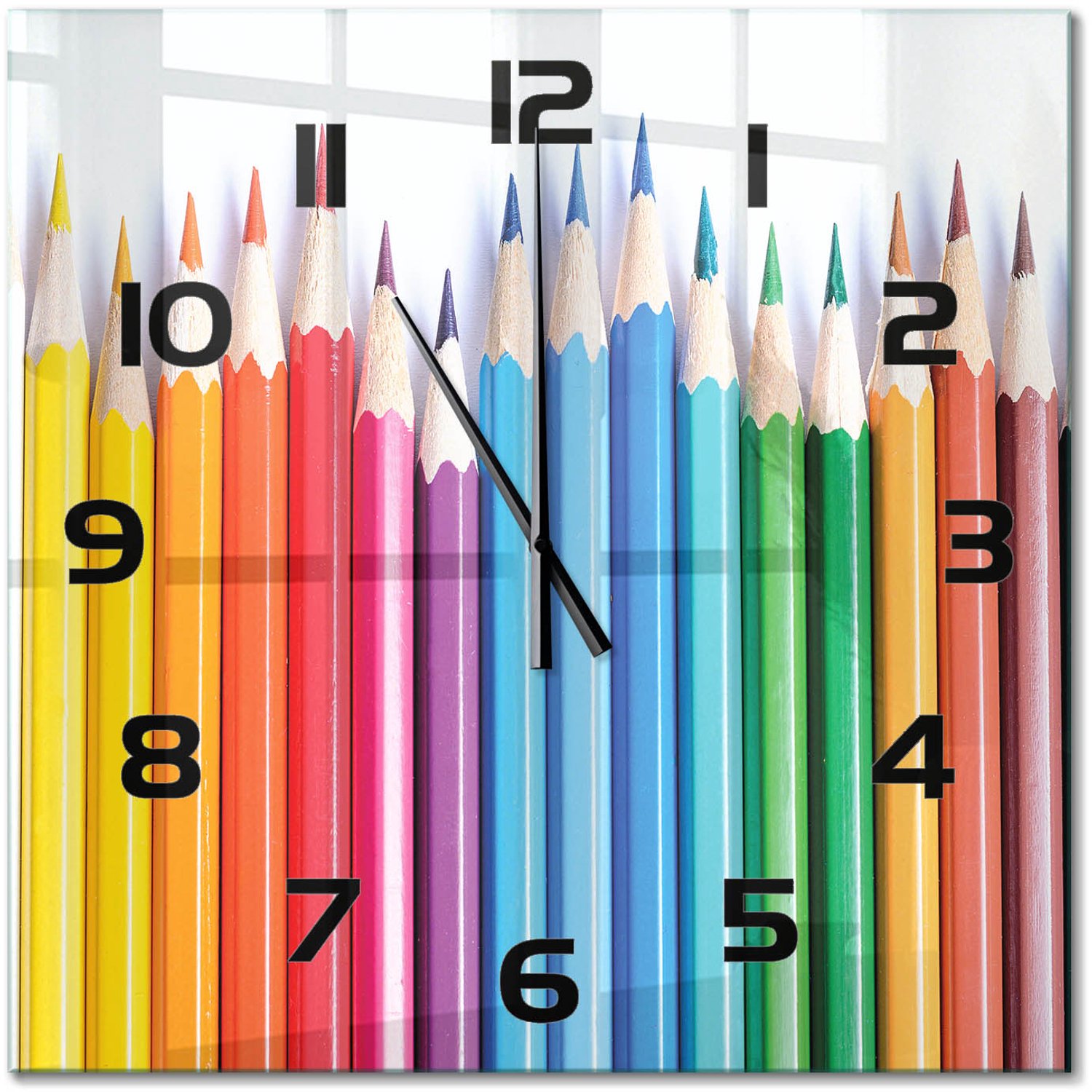 TULUP Wandklok - Kleurpotloden Wandklok Glas Met Motief - 60x60 cm - Veelkleurig Decoratieve Glazen Klok - Zwarte handen - Vierkante Klok - Gekleurde Glazen Klok - Glazen Klok Met Print