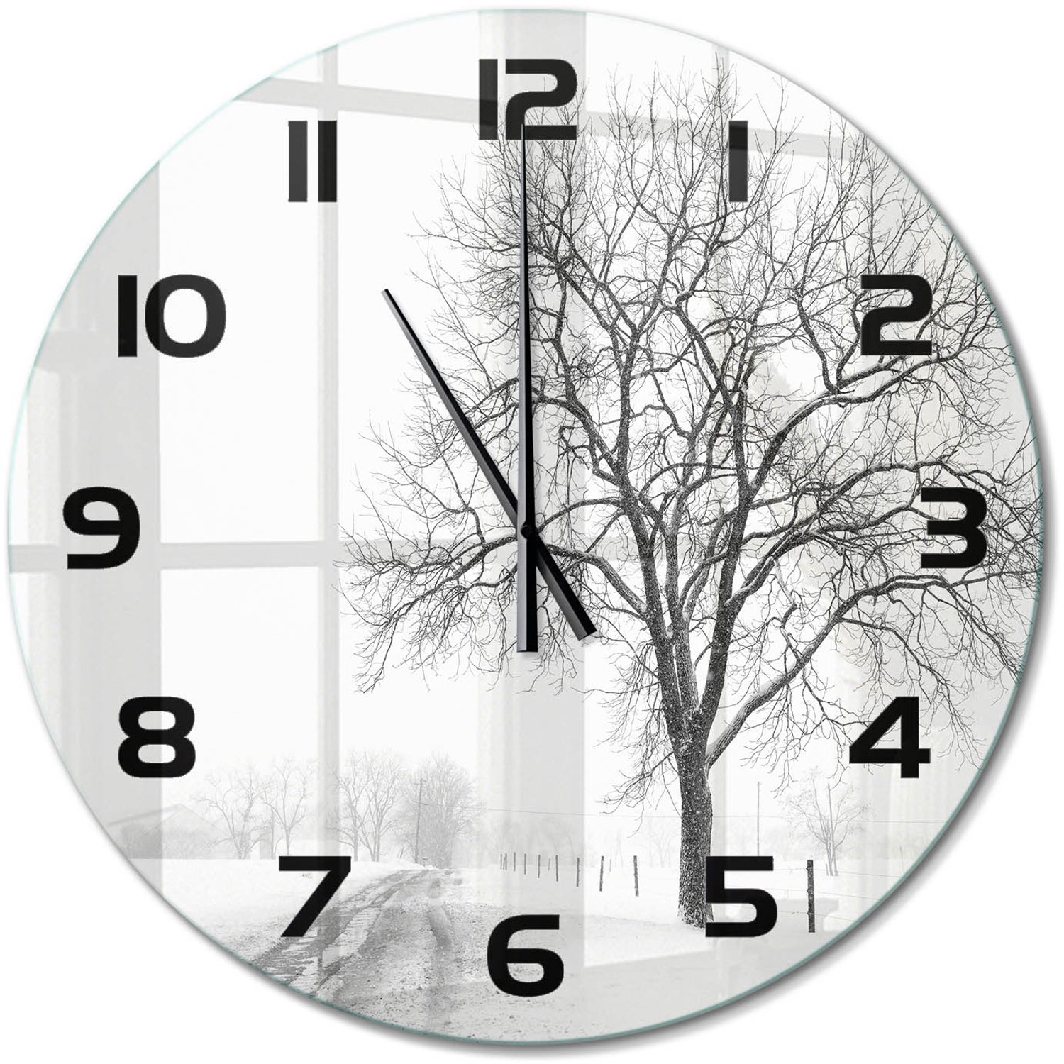 TULUP Wandklok - Winterboom Wandklok Glas Decoratie - fi60 cm - Wit Gekleurde Glazen Klok - Zwarte handen - Ronde Klok - Klok Glas Met Opdruk - Moderne Wandklok Glas