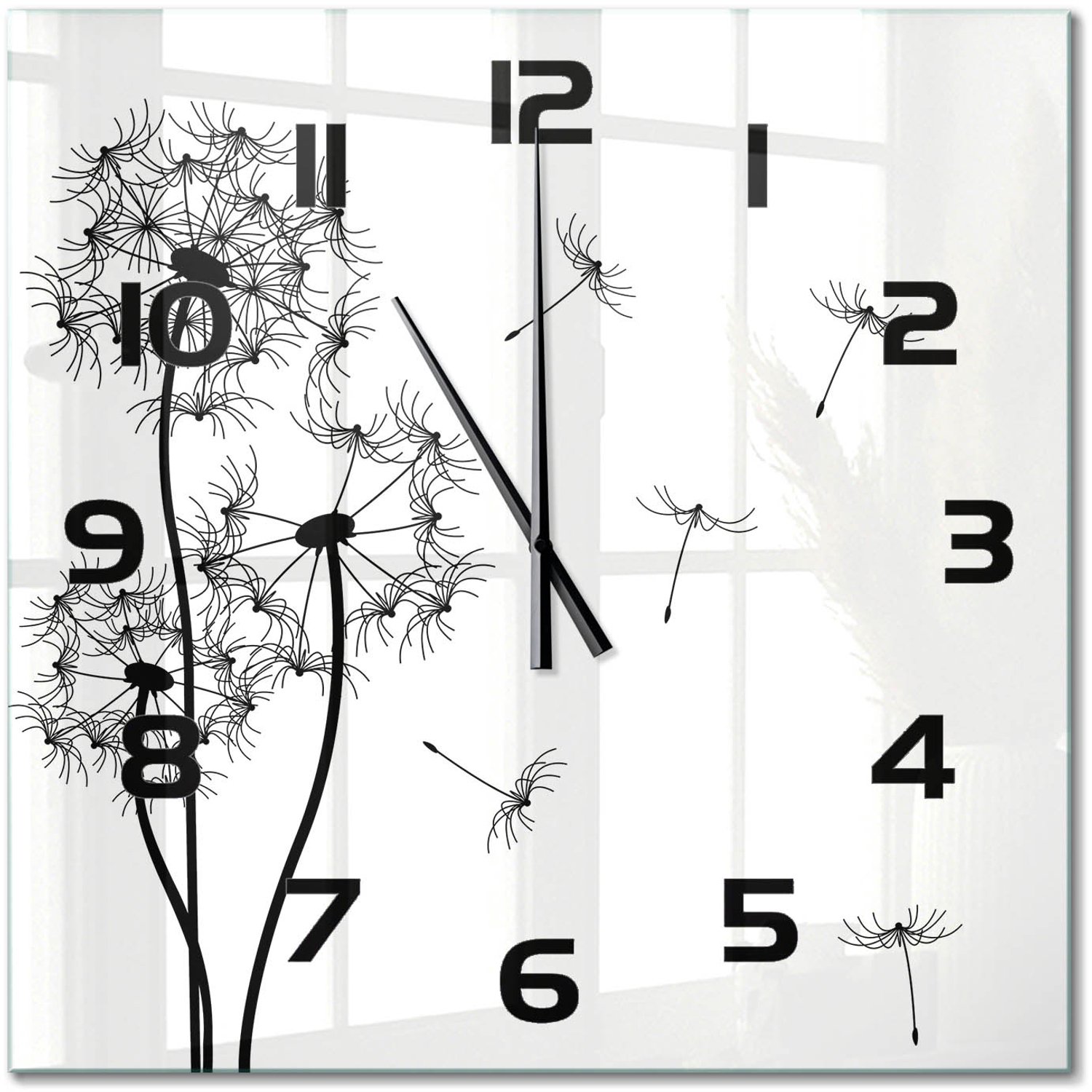 TULUP Wandklok - Paardenbloemtand Wandklok Glas Met Motief - 60x60 cm - Zwart-wit Decoratieve Glazen Klok - Zwarte handen - Vierkante Klok - Gekleurde Glazen Klok - Glazen Klok Met Print
