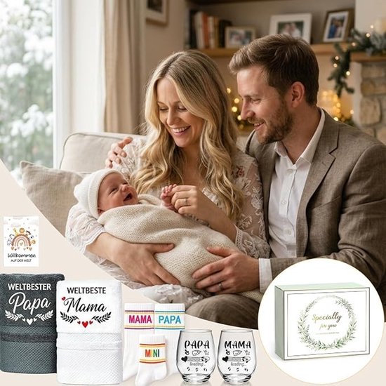 Papa en Mama Cadeauset – 8-delige Babygeschenkset met Wijnglazen, Sokken, Handdoeken en Kaart — afbeelding 2