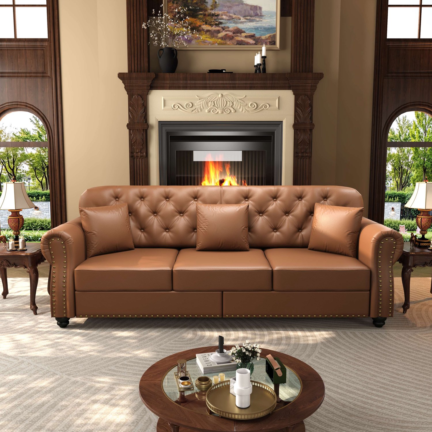 VVBV Chesterfield 3-Zitsbank met Hocker - 210 cm - Bruin Kunstleer - Pocketvering & Knoopstoffering