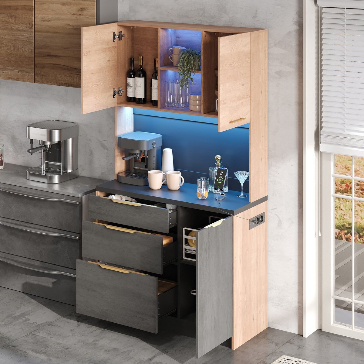 WUVRIE Keukenkast 100x40x180 cm - 3 lades, LED en USB-stopcontact - Naturel/zwart/grijs Neutraal