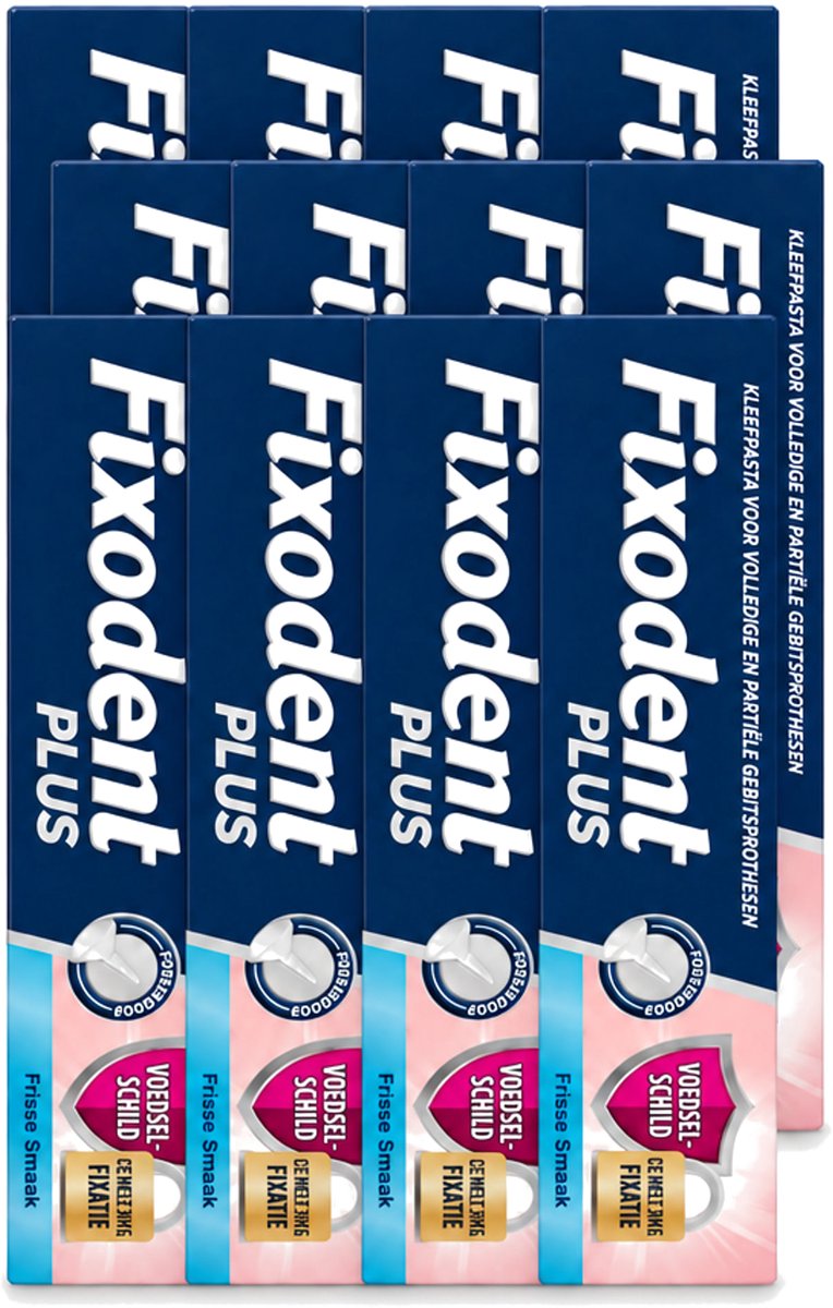 12 x Fixodent Plus – Kleefcrème – Food Barrier – Frisse Smaak – 40 g - Voordeelverpakking - 12 stuks