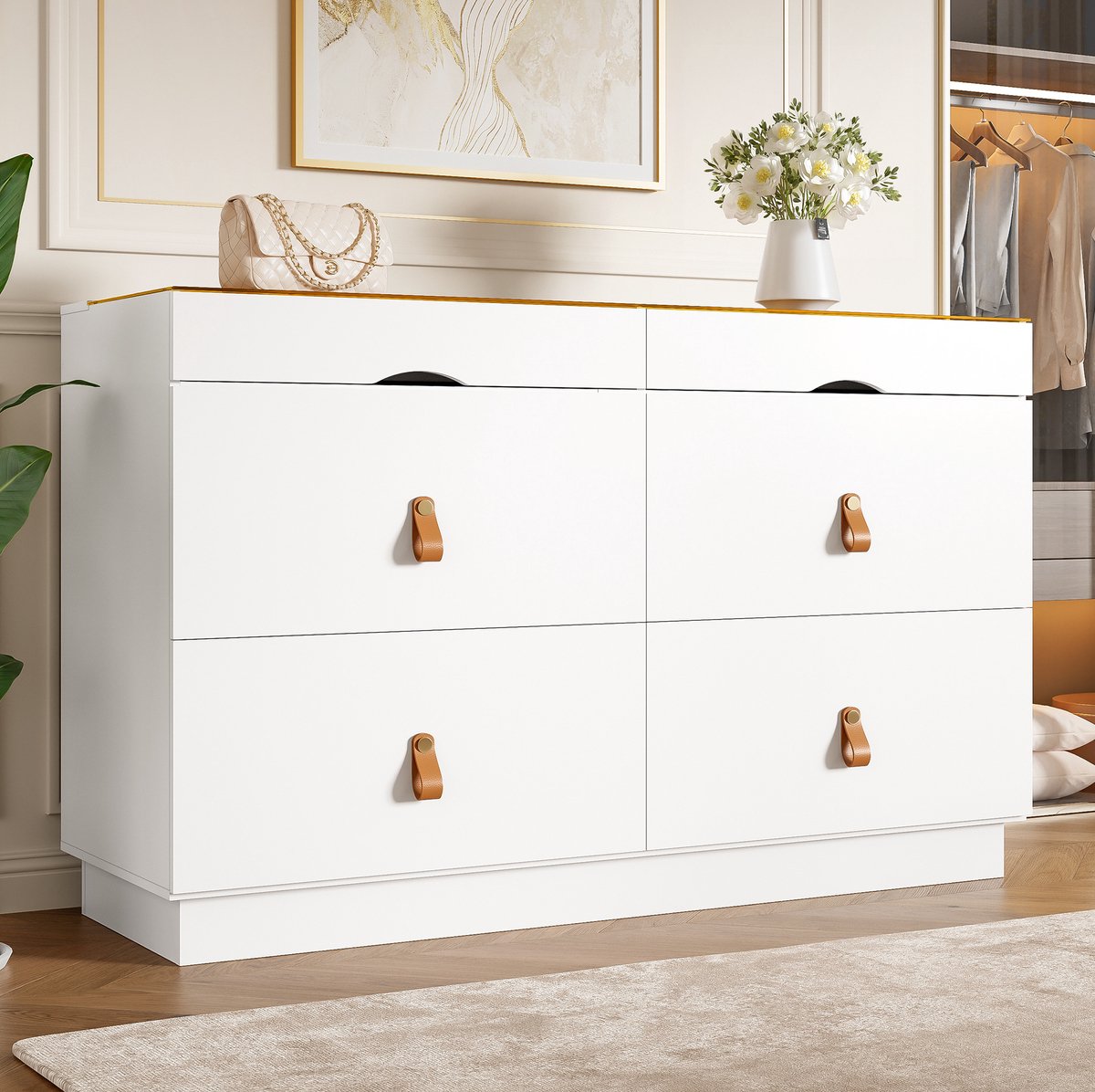 WUVRIE Dressoir 120 x 40 x 78 cm - 6 lades met glazen blad - Wit
