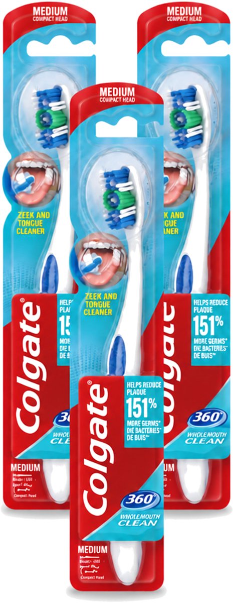 3 x Colgate - Tandenborstel - 360 Whole Mouth Clean Medium - Wit/Blauw - 1 Tandenborstel - Voordeelverpakking - 3 stuks