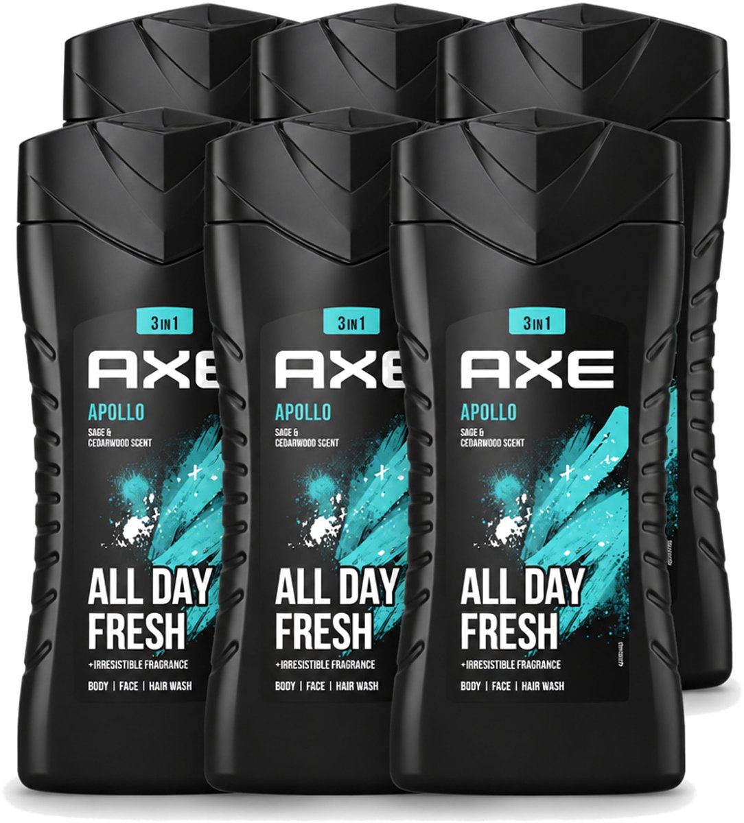 6 x Axe - 3-in-1 Douchegel - Apollo - Sage & Cedarwood - 250 ml - Voordeelverpakking - 6 stuks