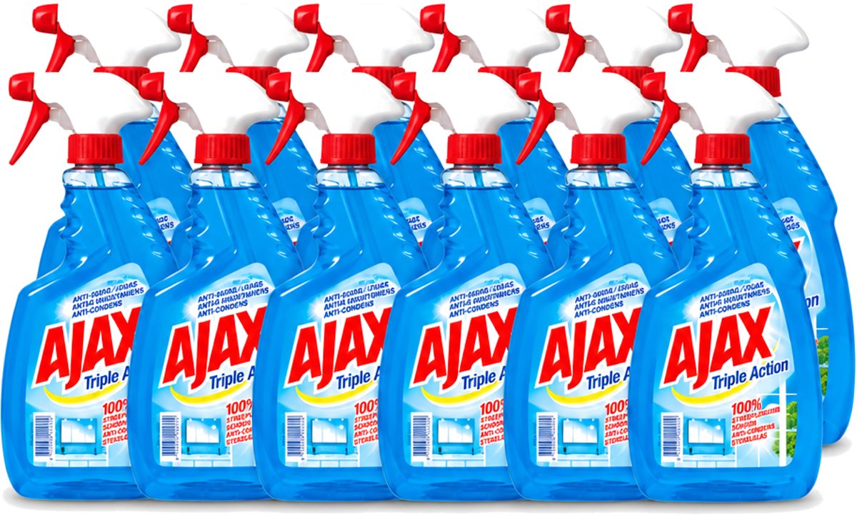 12 x Ajax - Glasreiniger Spray - Triple Action - Streeploos Schoon - Anti-Condens - 750 ml - Voordeelverpakking - 12 stuks