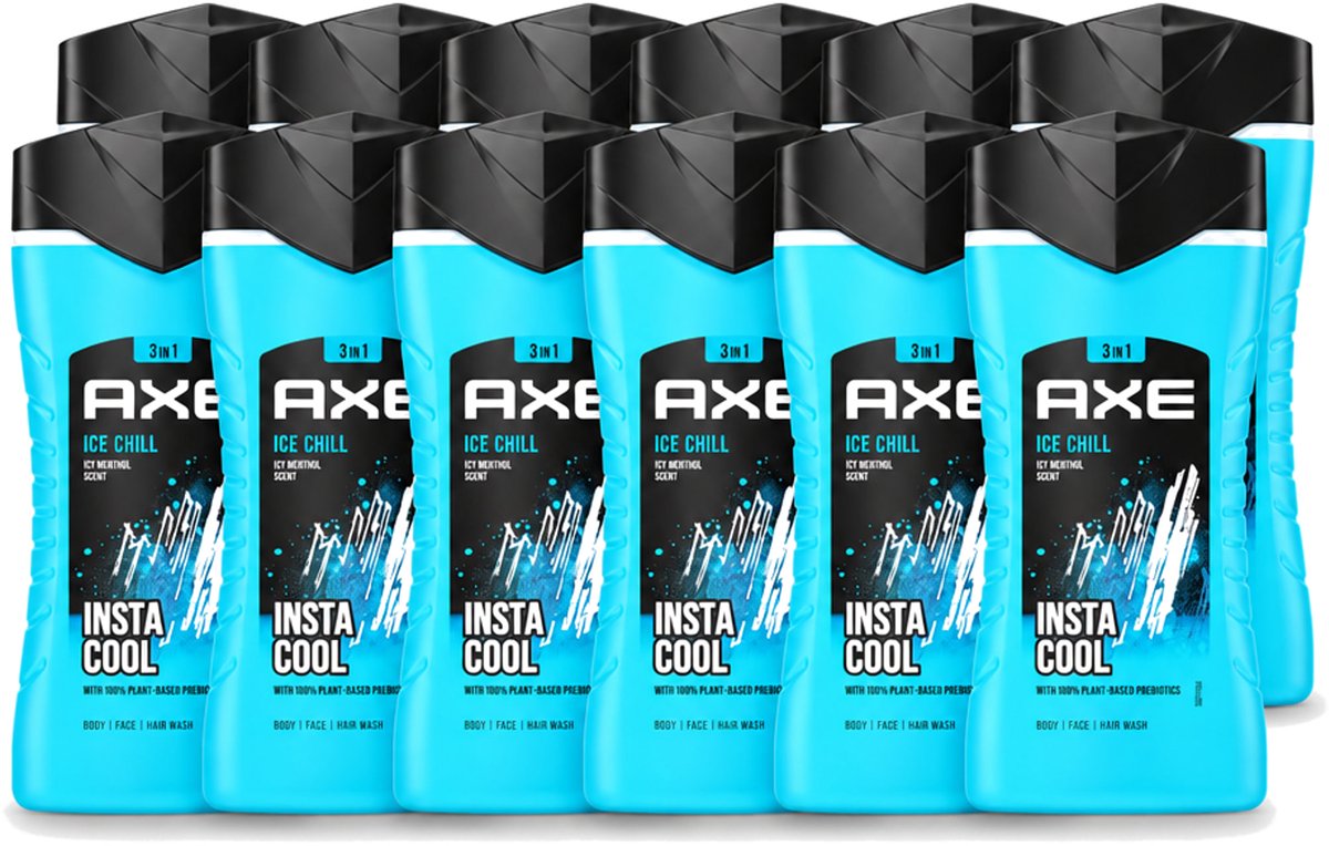 12 x Axe - 3-in-1 Douchegel - Ice Chill - Icy Menthol - Insta Cool - 100% Plantaardig - 150 ml - Voordeelverpakking - 12 stuks