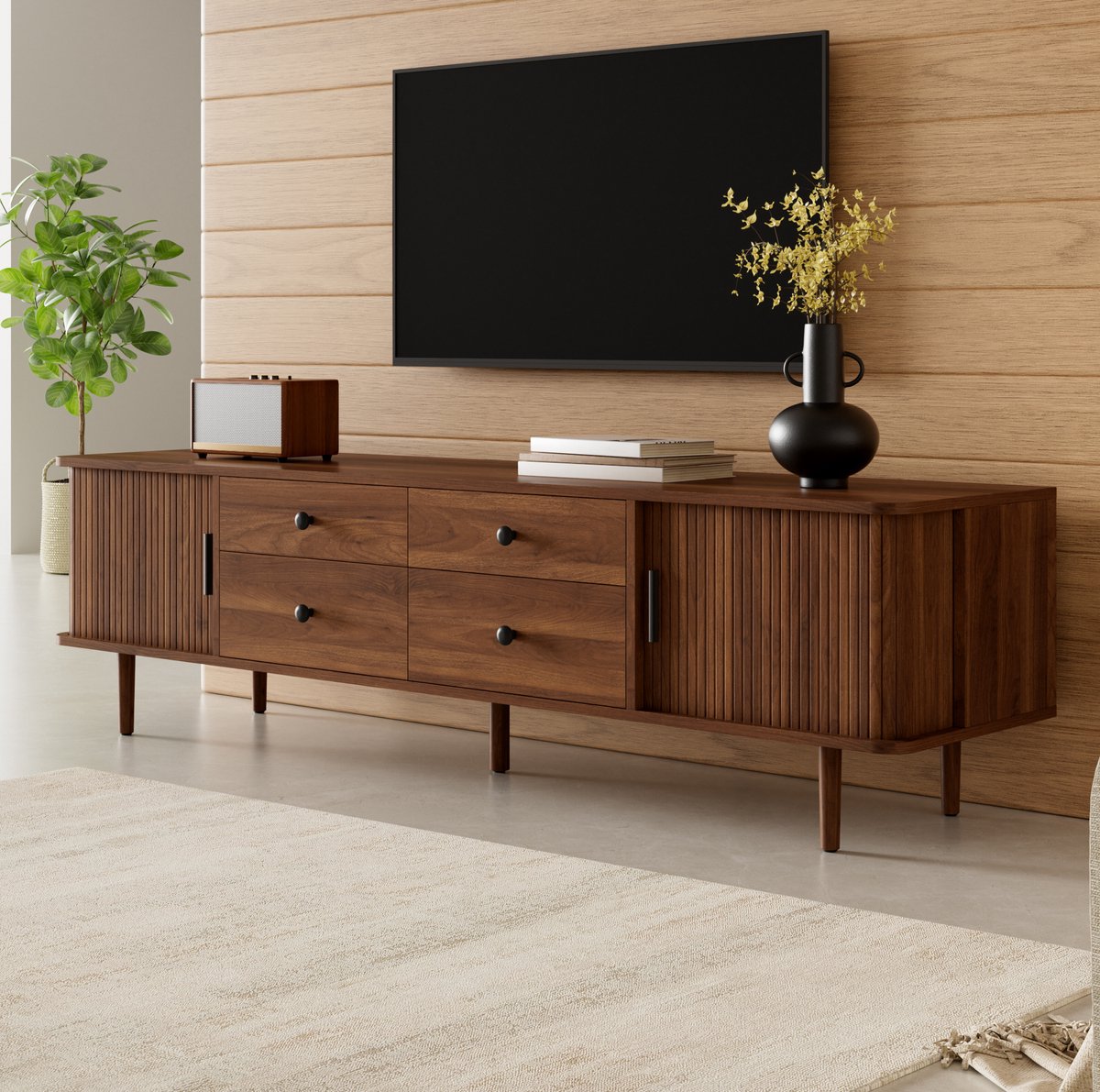 OKWISH TV-Meubel - 4 Lades en 2 Schuifdeuren - Rond Afgewerkt - Met Opbergruimte - Voor Woonkamer - MDF Walnoot - 165 x 40 x 46 cm