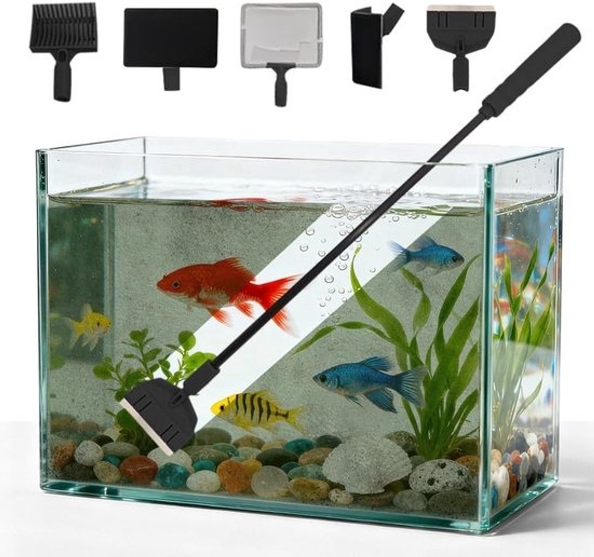 5-in-1 aquariumreinigingsset - ruitenreiniger, algenschraper, grindbezem en visnet - 45 cm