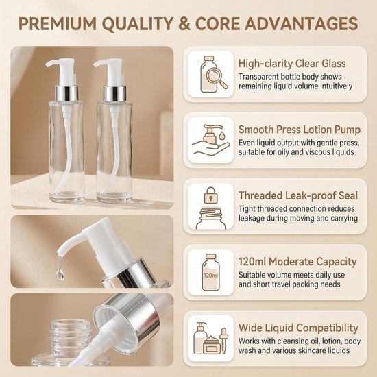 Dailygoods- Lotion Pomp Fles Set van 2 - Glazen Zeepdispenser - 120ml/4oz - Transparant - Met Plastic Pomp - Voor Etherische Oliën en Shampoo van Dailygoods — afbeelding 2