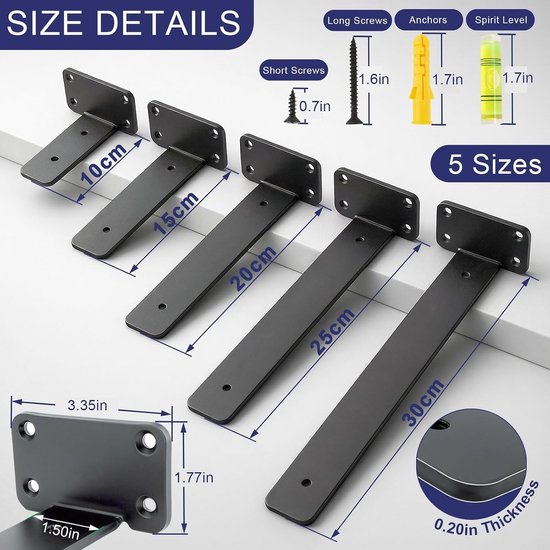 Set van 6 Hoekige Drijvende Plankbeugels van 15 cm met een Draagcapaciteit van 70 kg, Zwart, Ideaal voor Wandplanken en Decoratie — afbeelding 5