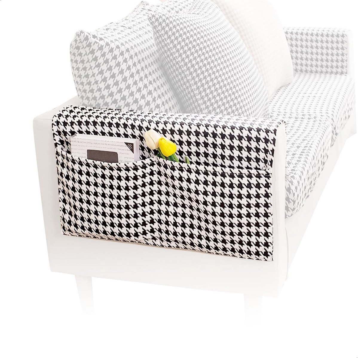 Handrail Organizer voor de Bank met 2 Compartimenten voor Telefoon, Boeken en Tijdschriften - Krasbestendig, 110 x 40 cm, Chenille in Zwart-Wit Houndstooth Patroon