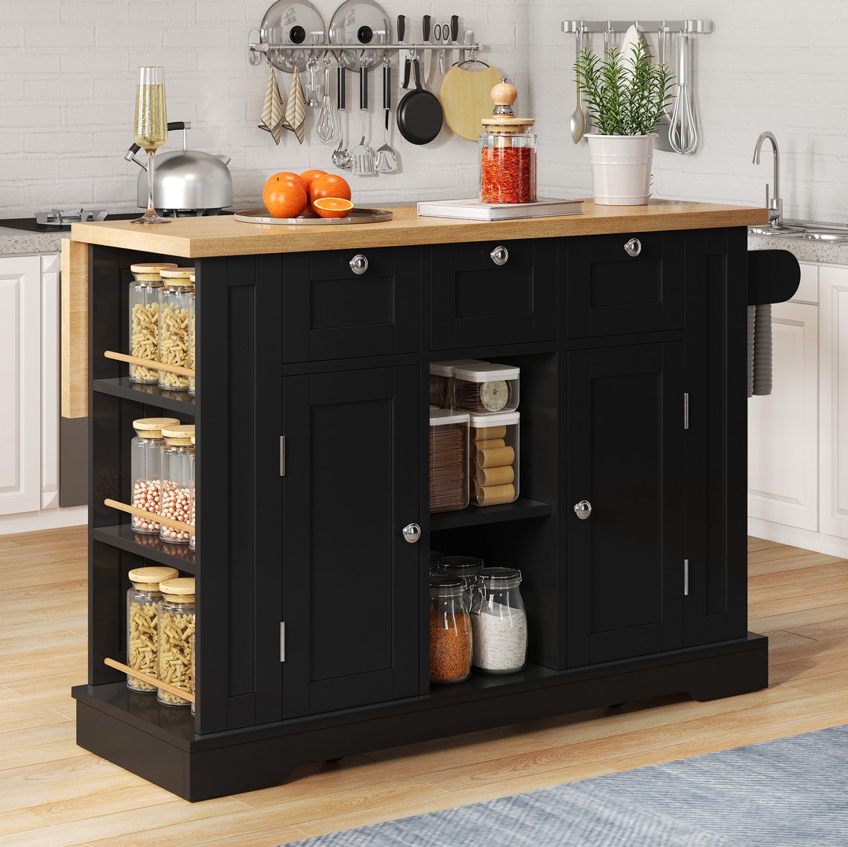 WUVRIE - Mobiele keukeninsel 132x40(70)x87 cm - Klapbaar werkblad, 3 lades en stopcontact met USB - Zwart/houtkleurig