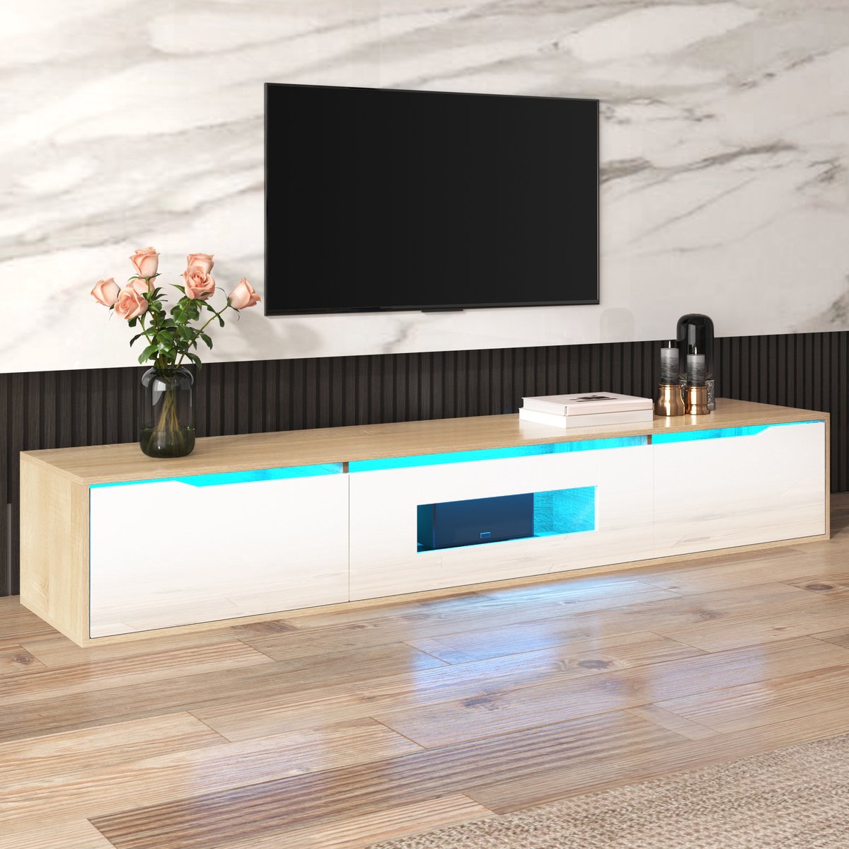 WUVRIE TV-meubel 180 cm - Hoogglans, LED-verlichting en wandmontage - Wit/houtkleur