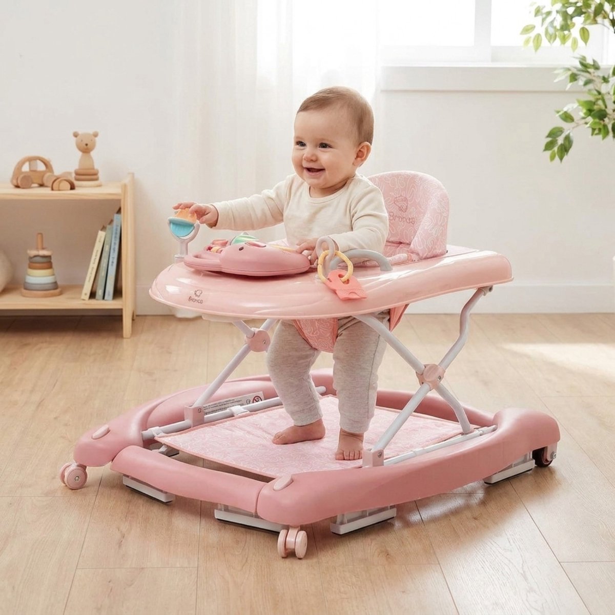 BRONEA® 5-in-1 Loopstoeltje voor baby's | Babywalker met schommelfunctie, muziek & licht | Afneembaar speelpaneel | Loopstoel in hoogte verstelbaar & inklapbaar | Rose – foto 2