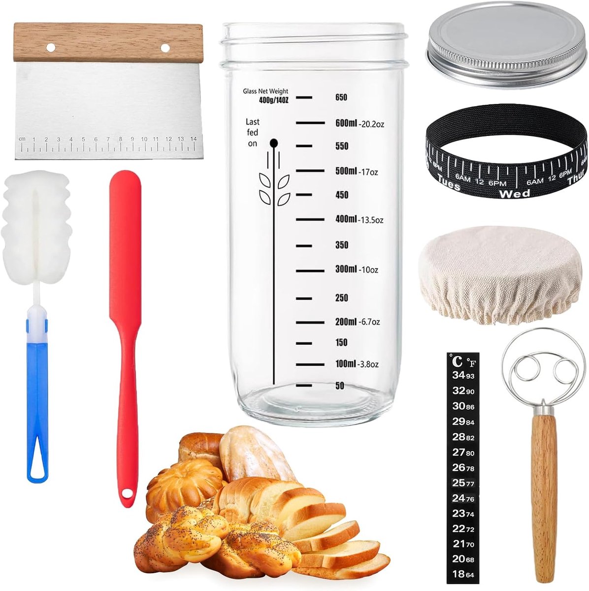 Zuurdeeg Starter Set, 680ml Herbruikbaar Zuurdeeg Starter Glas met Aluminium Kap, Thermometerpapier, Spatel, Stoffen Hoed voor Thuis Brood Bakken Beginners