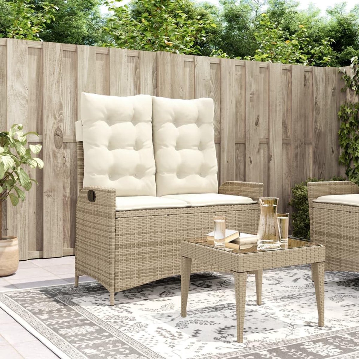Tuinbank met beige kussens van polyrotan, tuinbank, tuinbank voor buiten (SPU:368239)