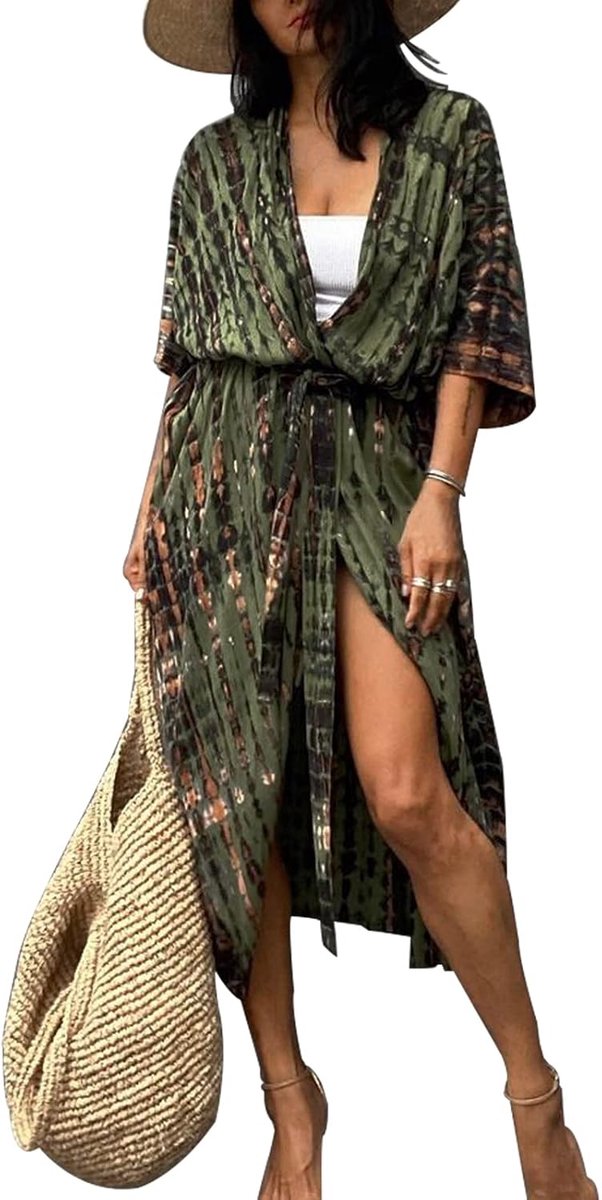 Lange strandjurk voor vrouwen, losse zomerpareo, maxi-strandjurk, boho-kimono, lange strandcardigan, strandkledij, open front, bloemen, cover-up, eenheidsmaat, One size