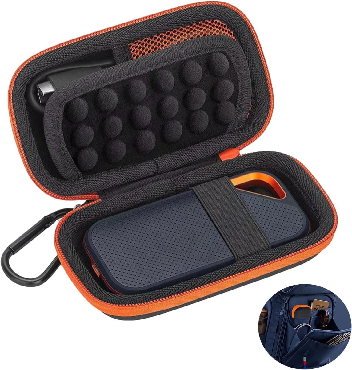Hoes voor SanDisk Extreme Pro/Portable SSD 1TB 2TB 4TB, beschermhoes van Oxford-stof en EVA, schokbestendig, zwarte draagtas met karabijnhaak voor externe harde schijf en kabels