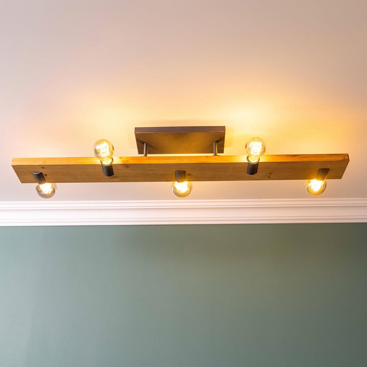 LED plafondlamp in landelijke stijl - 115 x 12,5 x 16 cm - rustieke plafondlamp met houten balken - 5 x E27 fitting, max. 40 W - aluminium/metaal/hout - in zwart/hout