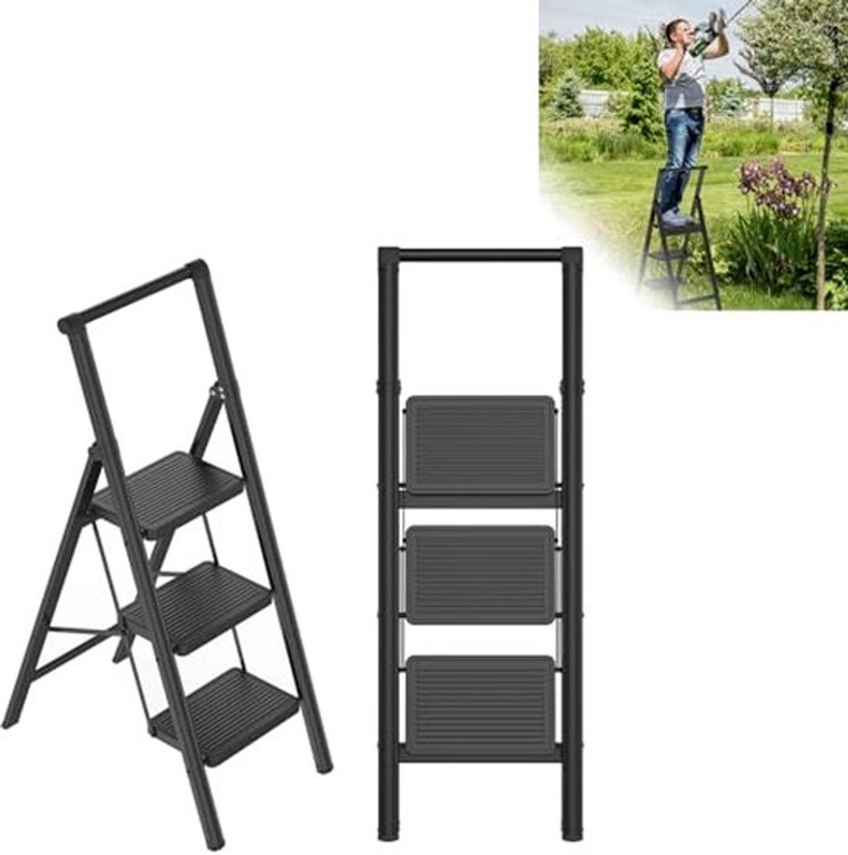 Inklapbare trapladder - 3 treden - Antislip - Hoogtebeveiliging - Stevige leuning