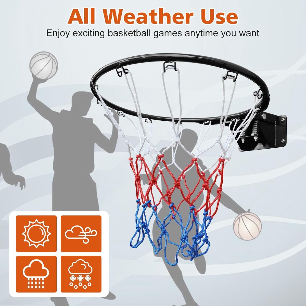 Basketbalring van 45 cm, stabiel, met dubbele veer en net voor vloer- en wandmontage, stalen basketbalkorf voor binnen en buiten