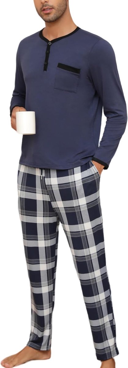 Pyjama Heren Katoen Set Pyjama Tops T-shirt Lange Mouwen Ronde Hals met Knopen Huiskleding Plaid Plaid Nachtkleding Grote Maat Zacht Comfortabel M-4XL
