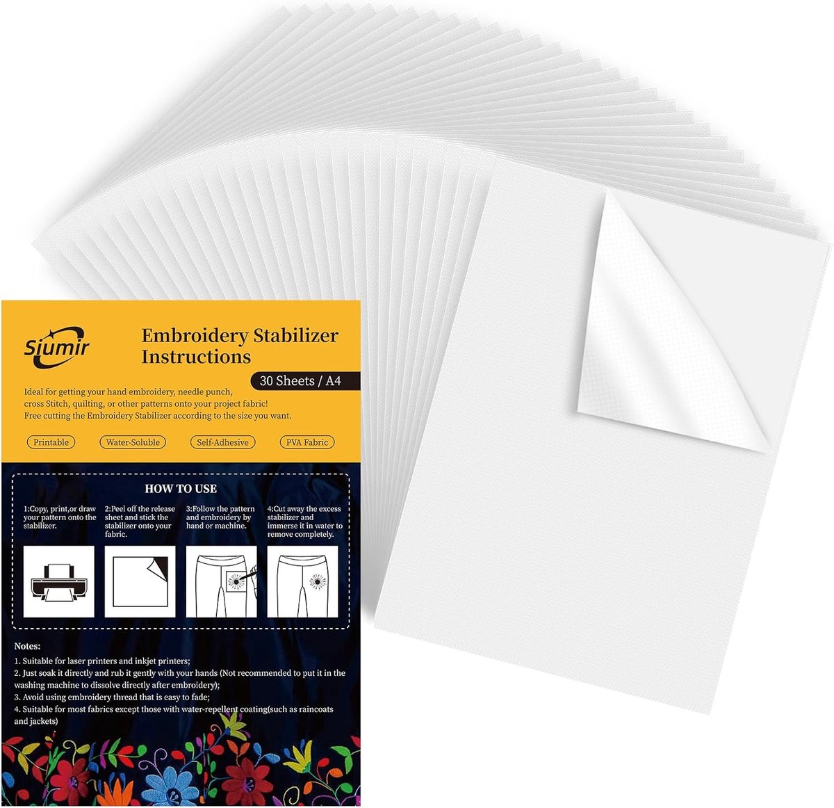 Borduurpapier A4 Zelfklevend & Wateroplosbaar - Bedrukbaar Tekenen Knippen voor Hand & Machine