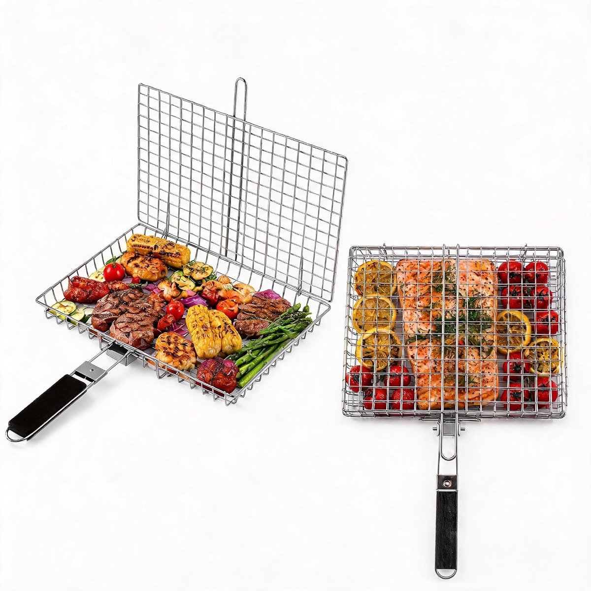 2 stuks grillmand barbecue grote opvouwbare grillmand roestvrij staal met handvat - ShopVlot