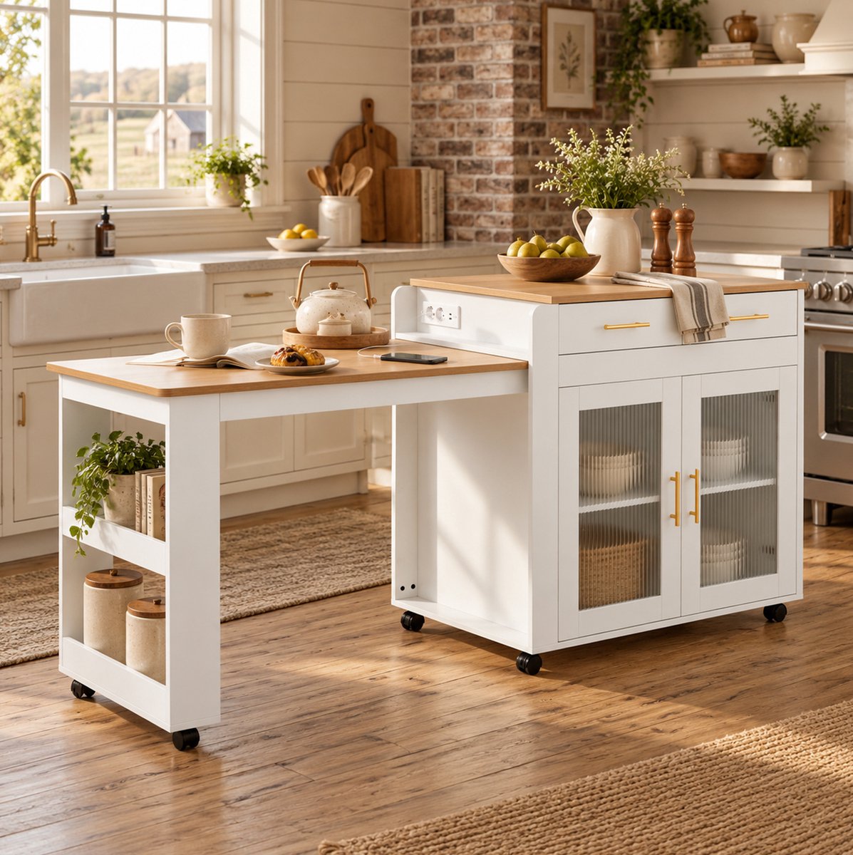 Wishdor Keukeneiland met uitschuifbare tafel - Opbergruimte met laden en open vakken - Stopcontacten en USB-A/USB-C - Verrijdbaar - Moderne keuken - Bewerkt hout en glas - Wit - 177 x 60 x 89,5 cm