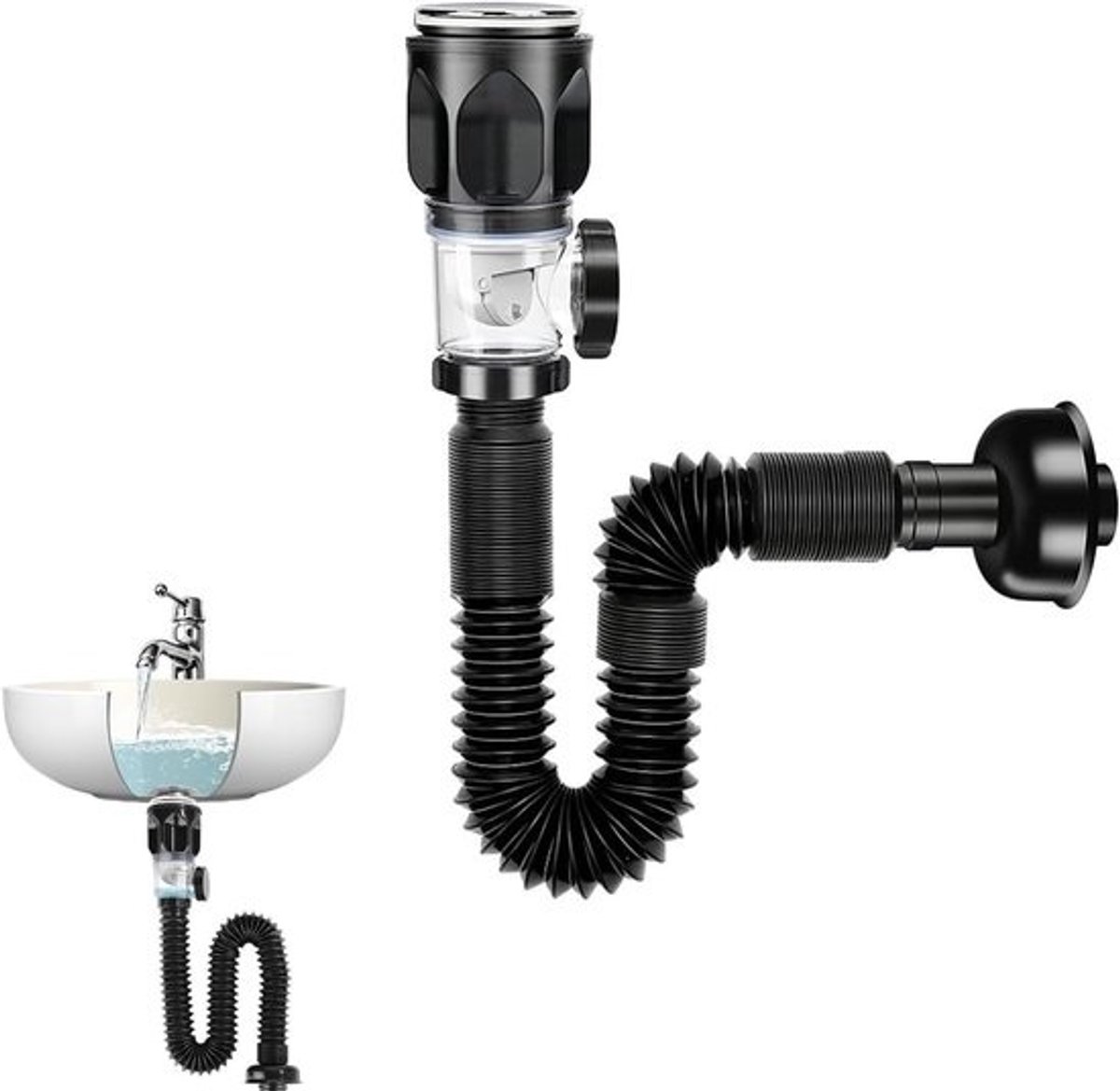 Inovra Plus - Wastafelafvoergarnituur - met overloop en flexibele sifon - zwart PVC - Voor keuken en badkamer - Hoogwaardige afvoerstop