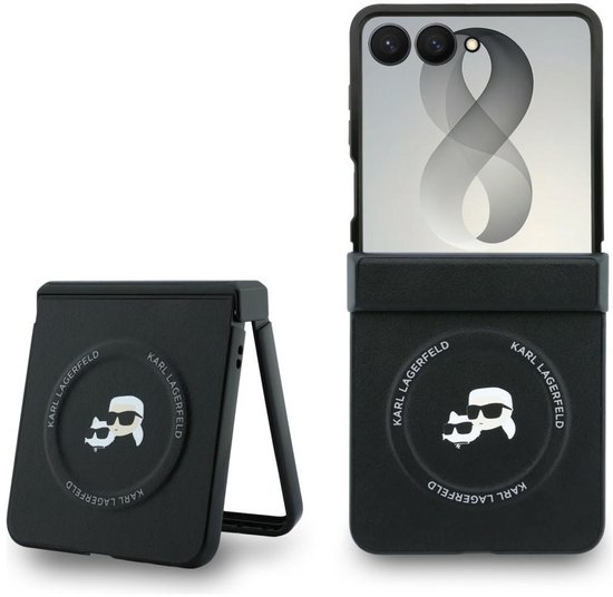 Zwart Samsung Galaxy Z Flip-hoesje met kunstlederen afwerking, Karl Lagerfeld-logo en ingebouwde standaard.
