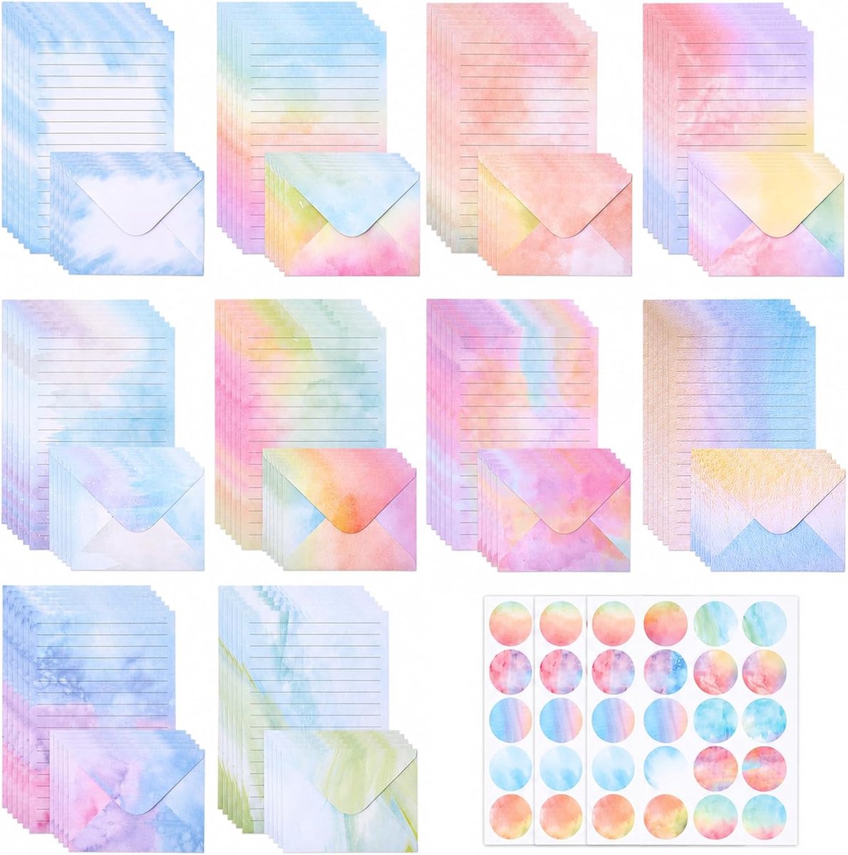 160 stuks briefpapierset, aquarelpapier met enveloppen, 50 gelinieerde A5-vellen, 50 enveloppen en 60 ronde - ShopVlot